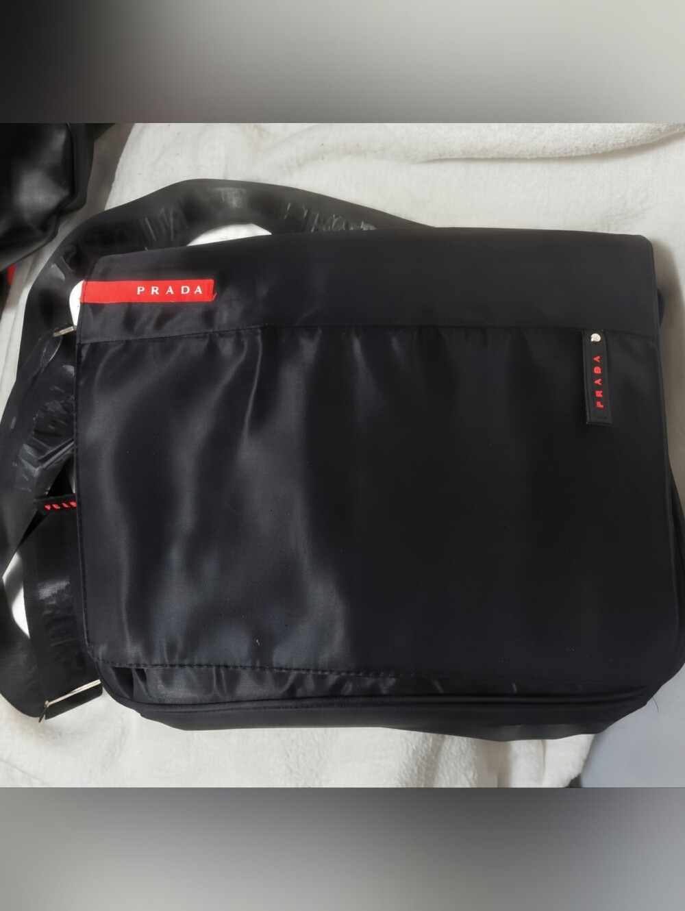 Prada Black Nylon Messenger Bag with Red Logo Accents- Wide Adjustable Logostrap